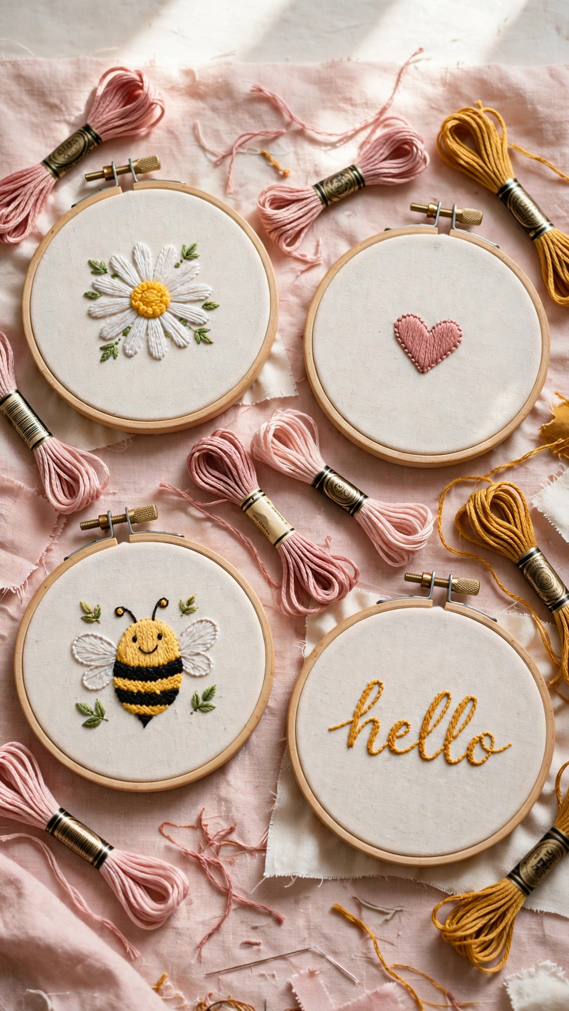 Colorful beginner hand embroidery hoops showing a daisy, a heart, a bee and script lettering on blush pink linen