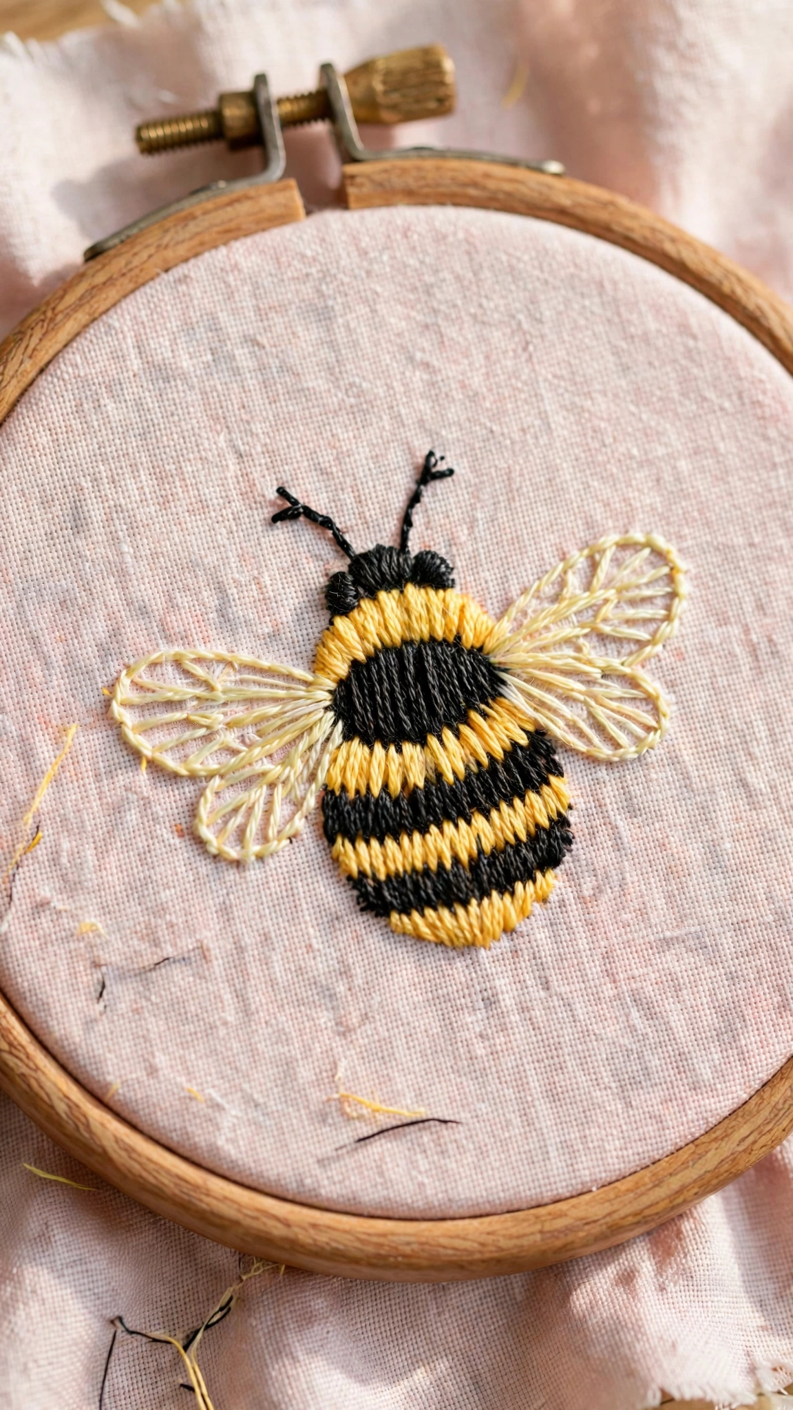 Photorealistic close-up of a bumblebee hand-embroidered in yellow and black thread on pale pink linen