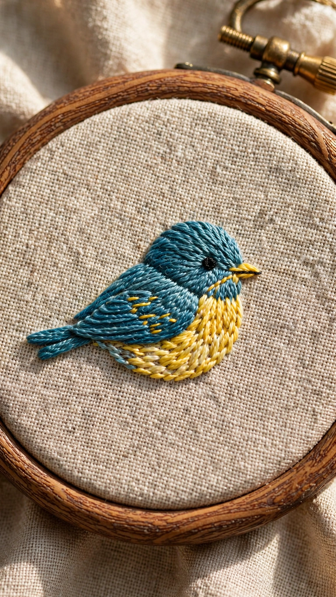 Photorealistic close-up of a songbird hand-embroidered in teal-blue and yellow thread on natural linen
