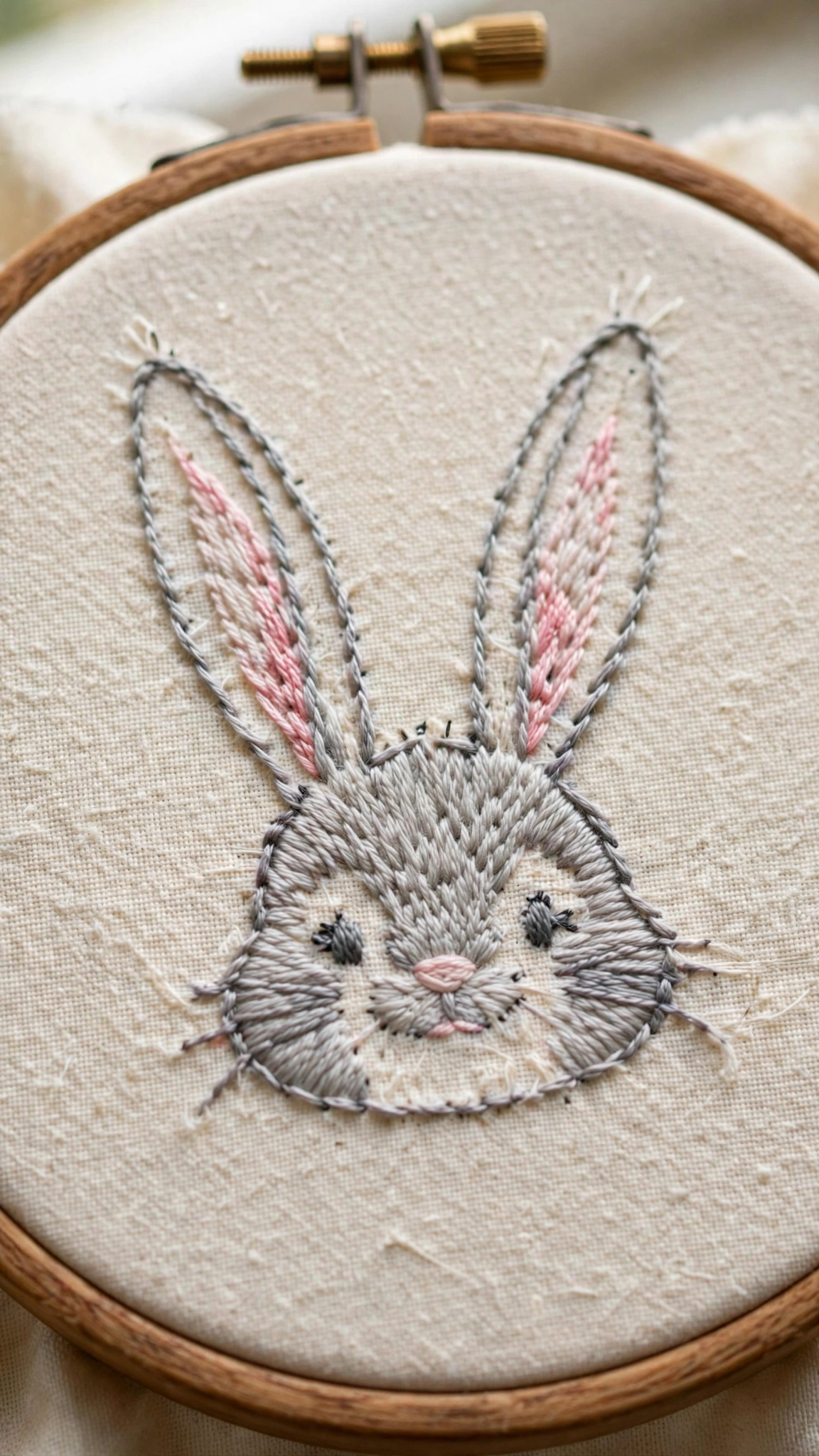 Photorealistic close-up of a bunny hand-embroidered in soft grey thread on cream cotton