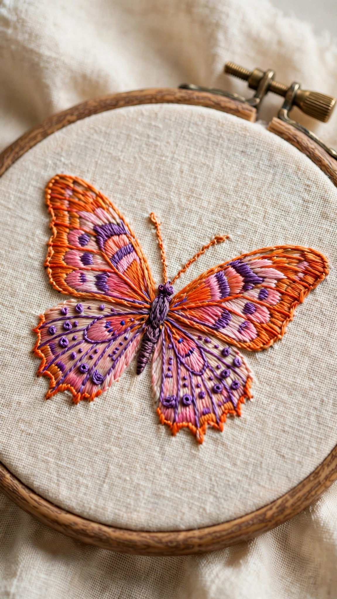 Photorealistic close-up of a butterfly hand-embroidered in orange, pink and purple thread on cream linen