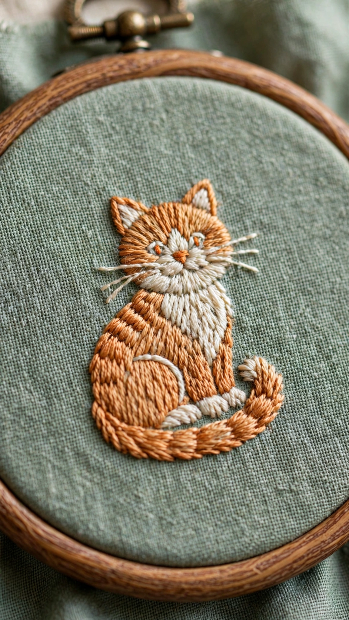 Photorealistic close-up of a sitting cat hand-embroidered in ginger-orange thread on sage green linen