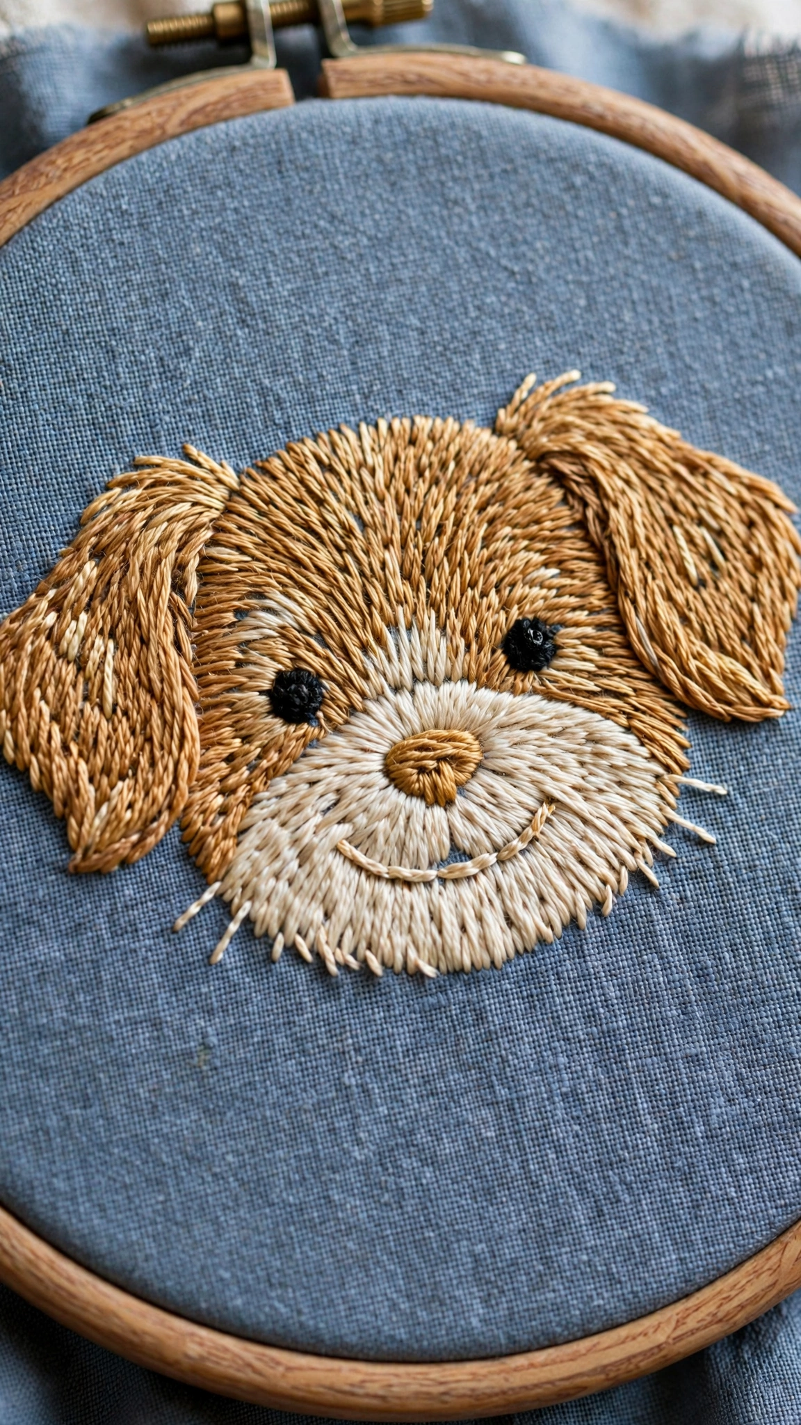 Photorealistic close-up of a smiling dog face hand-embroidered in golden-brown thread on dusty blue linen