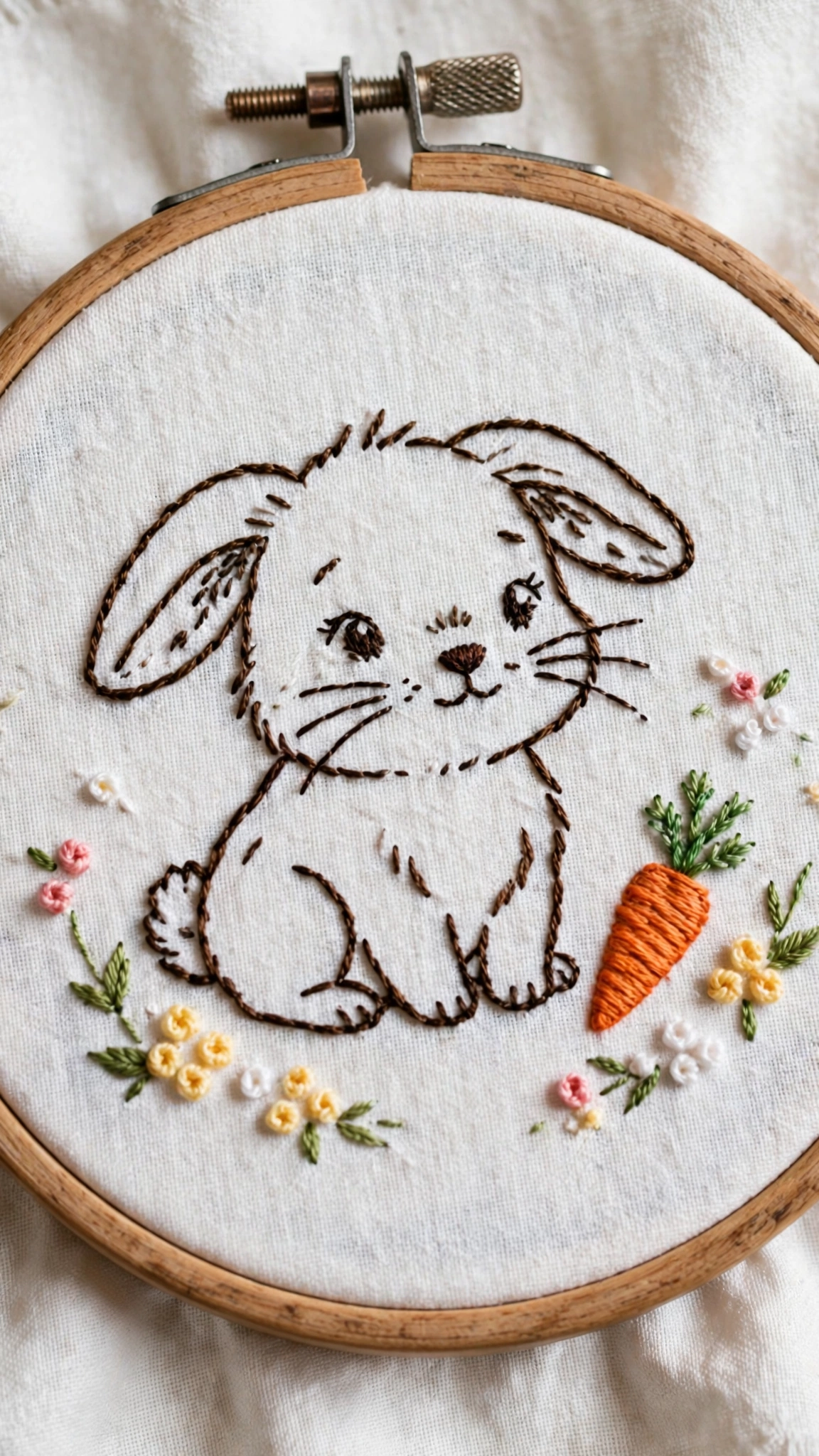 Hand embroidered cute woodland bunny with a carrot and small flowers in a wooden hoop