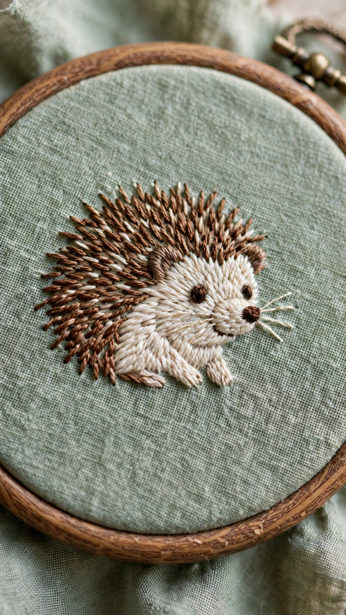 Photorealistic close-up of a hedgehog hand-embroidered in brown thread on sage green linen