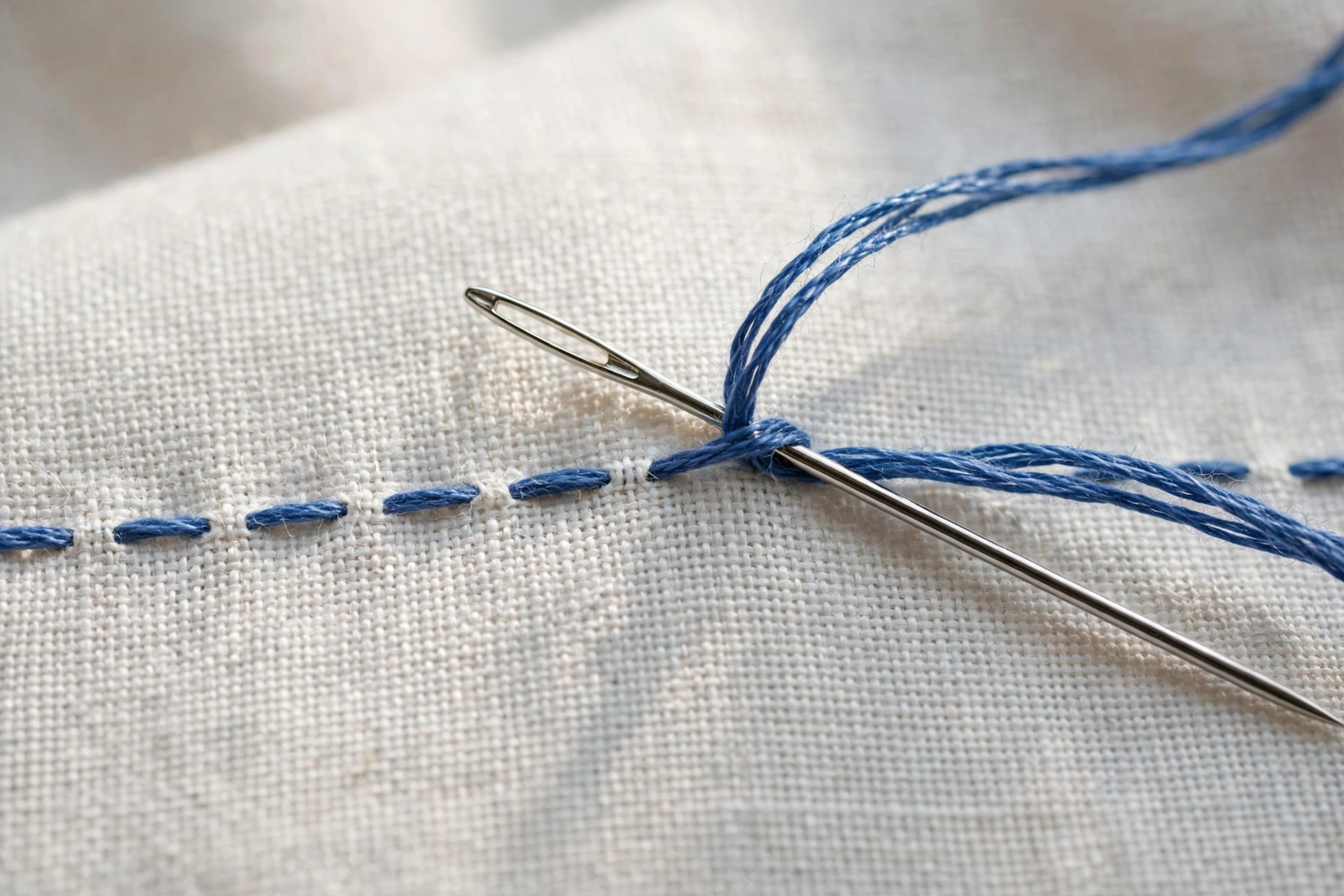 Macro close-up of a running stitch row in blue embroidery floss on white linen with needle mid-stitch