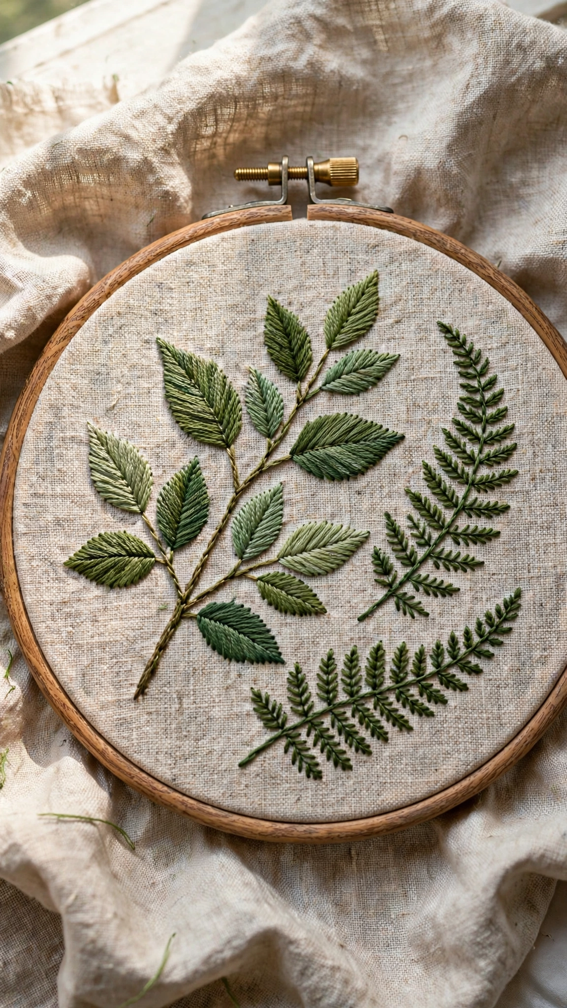 Hand embroidered botanical branch with satin stitch leaves in a wooden hoop on linen