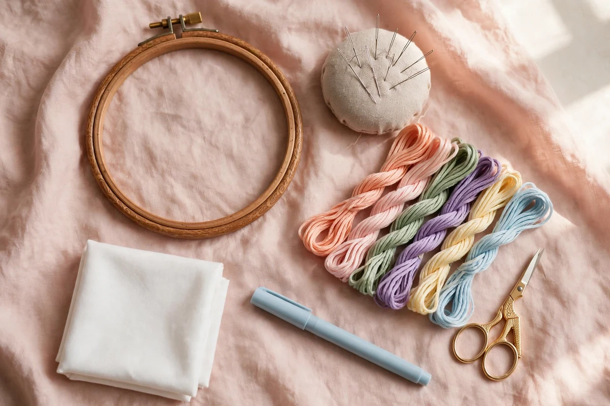 Flat lay of embroidery tools including hoop, needles, floss, and scissors