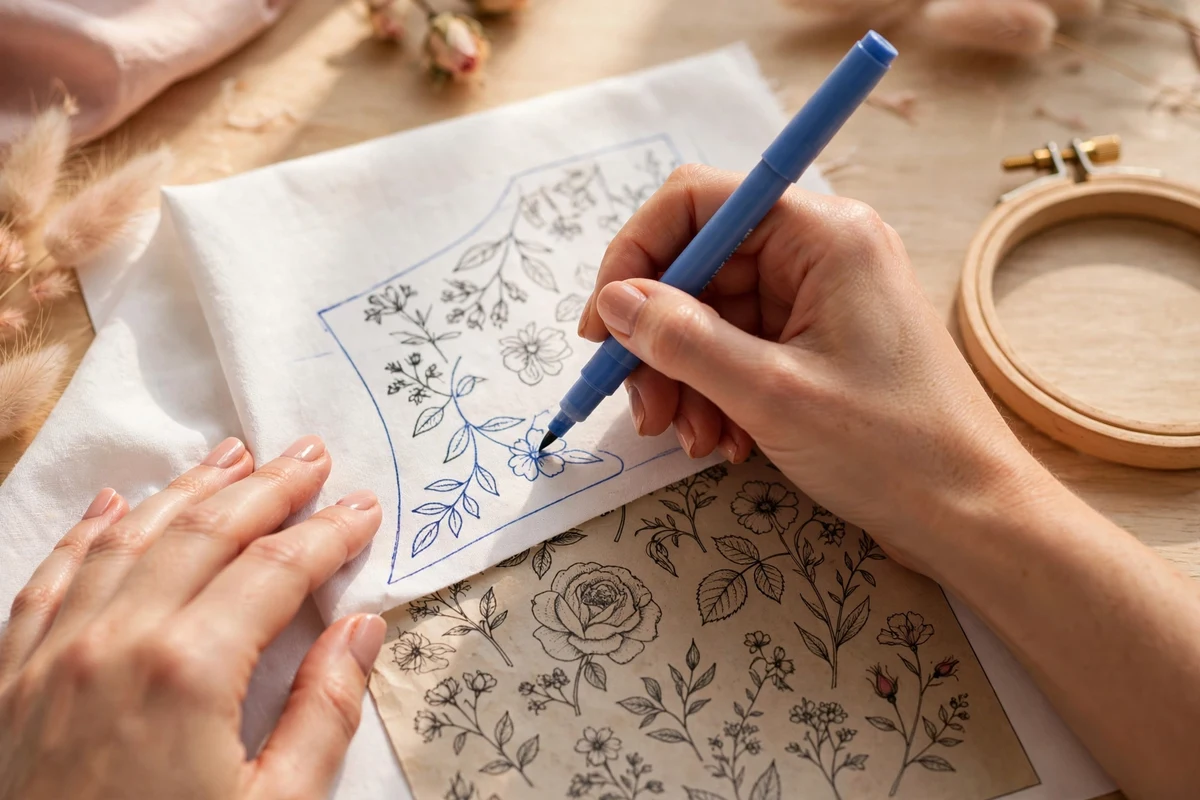 Hands tracing a floral embroidery pattern onto fabric