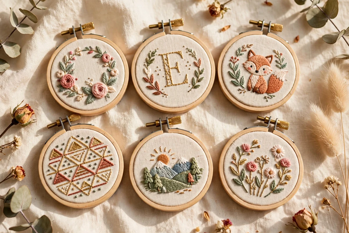 Colorful collection of small finished embroidery hoops with various designs