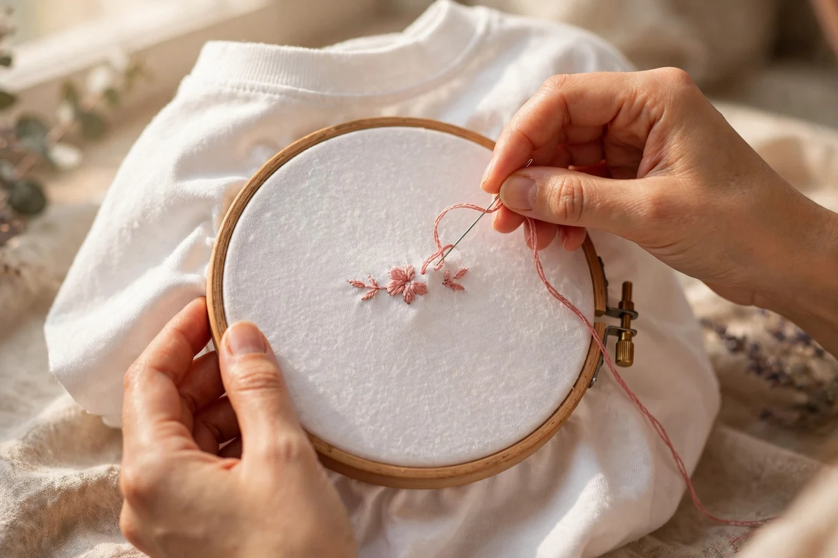 Hands embroidering a floral design on a white t-shirt