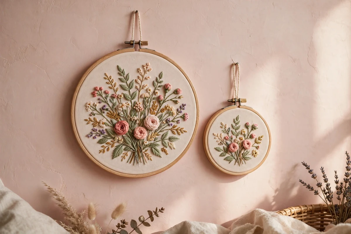Finished floral embroidered hoop art hanging on a wall