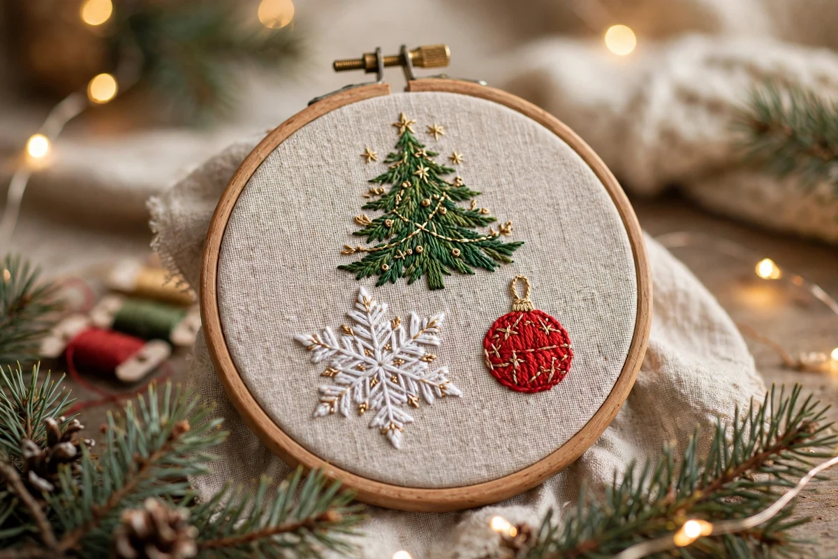 Christmas-themed embroidery with tree, snowflake, and ornament designs
