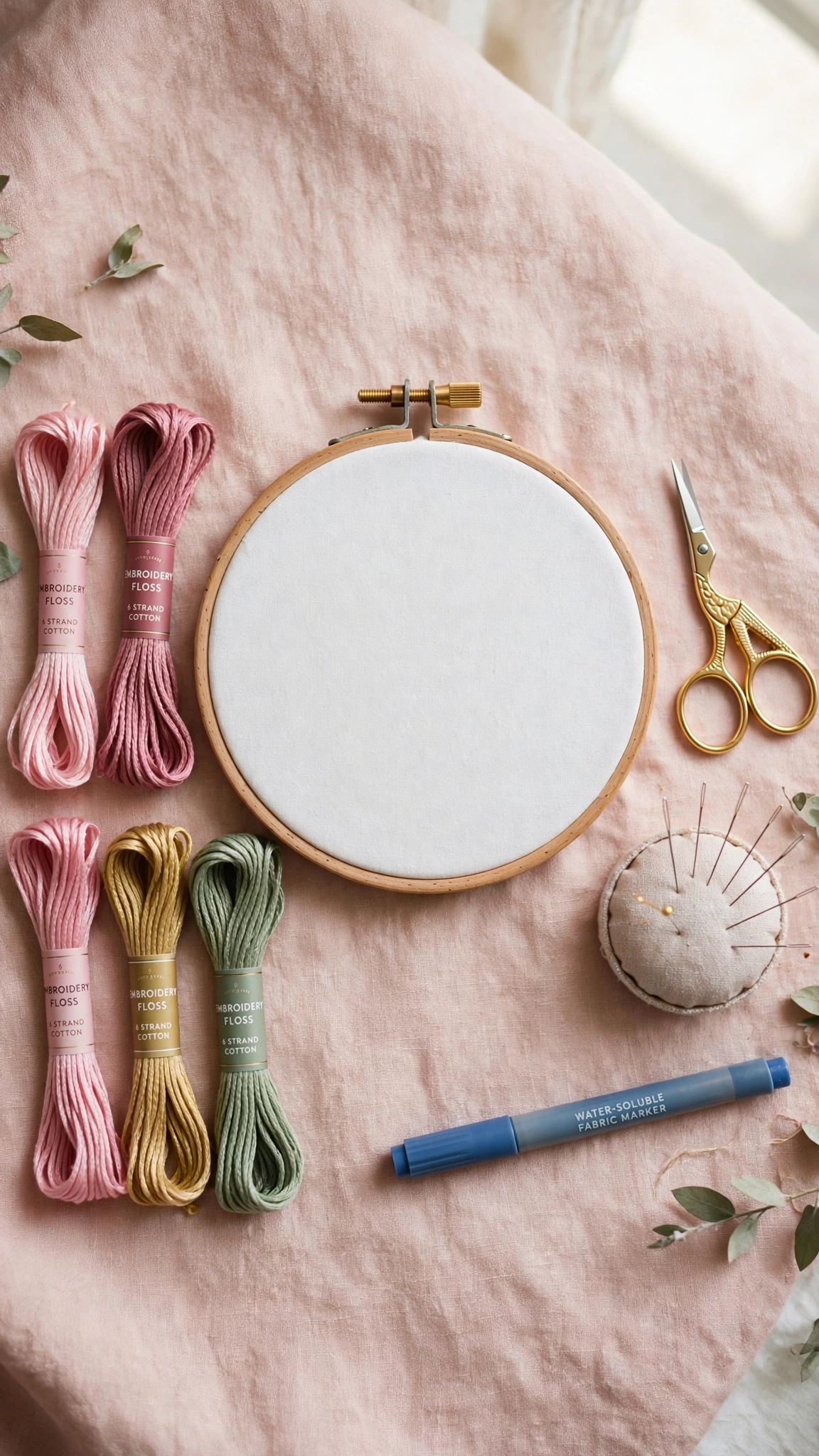 Flat lay of beginner hand embroidery supplies: wooden hoop, cotton fabric, colorful floss skeins, gold scissors, needles and a fabric marker