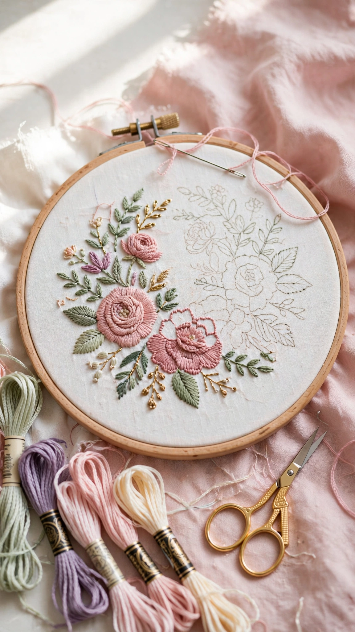 How to start hand embroidery: wooden embroidery hoop with a half-finished floral hand embroidery design in pink and sage thread, with embroidery floss and scissors nearby