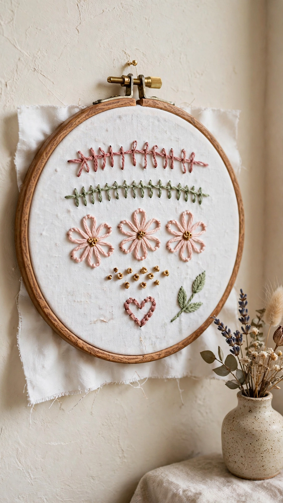 A finished beginner embroidery sampler in a wooden hoop showing practice rows of running stitch, backstitch, lazy daisy flowers, French knots and a small heart