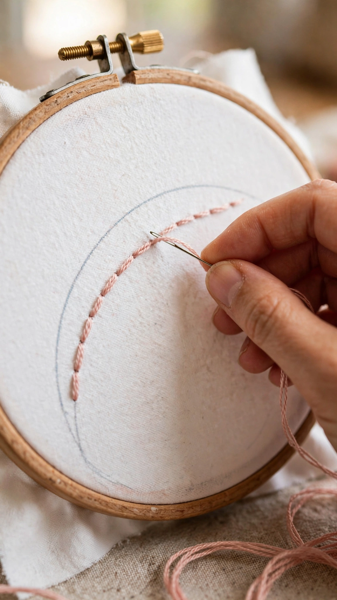 A hand stitching first running stitches in pink thread along a curved drawn line in an embroidery hoop
