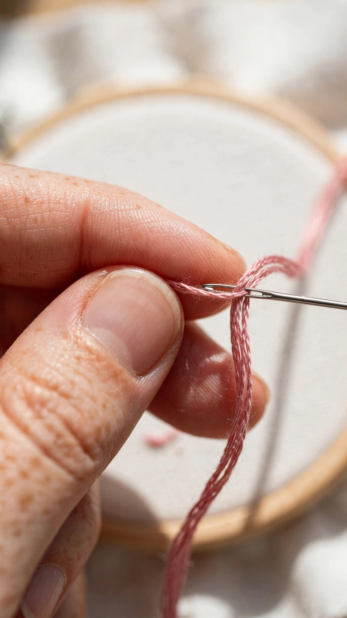 Close-up of fingers threading a needle with pink embroidery floss over white fabric in an embroidery hoop