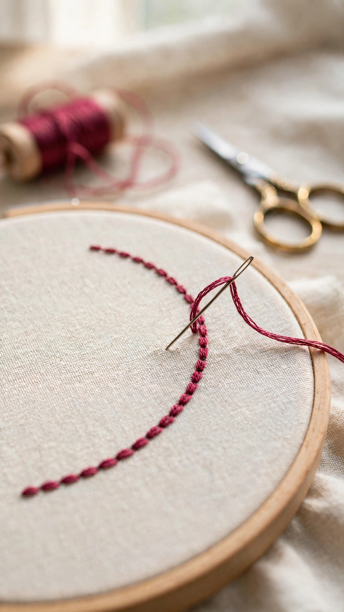 A wooden embroidery hoop with cream linen showing a neat row of backstitches in deep berry pink thread, with a needle mid-stitch