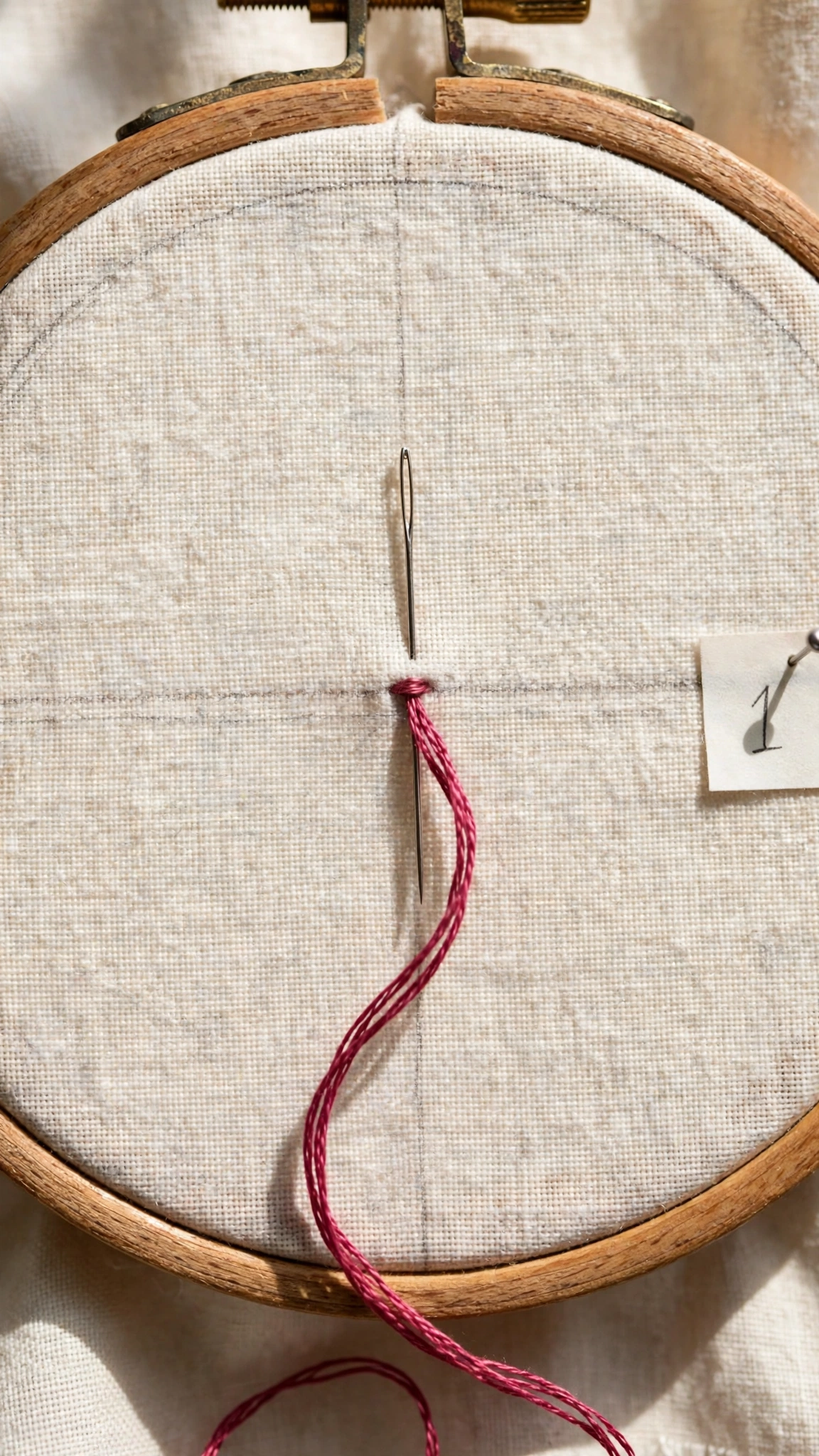 Step 1 of the backstitch: a needle with berry pink thread coming up through cream linen in a hoop along a drawn guideline