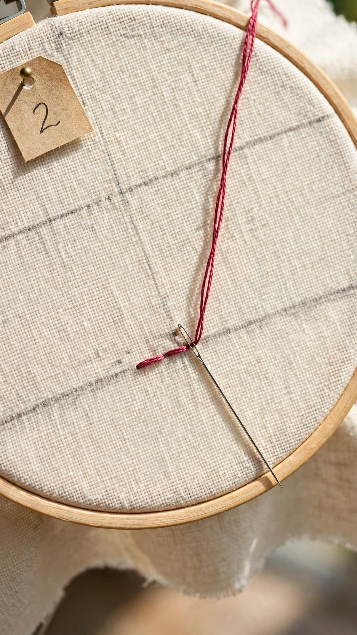 Step 2 of the backstitch: the needle goes down through the fabric one stitch length ahead, forming the first small straight stitch