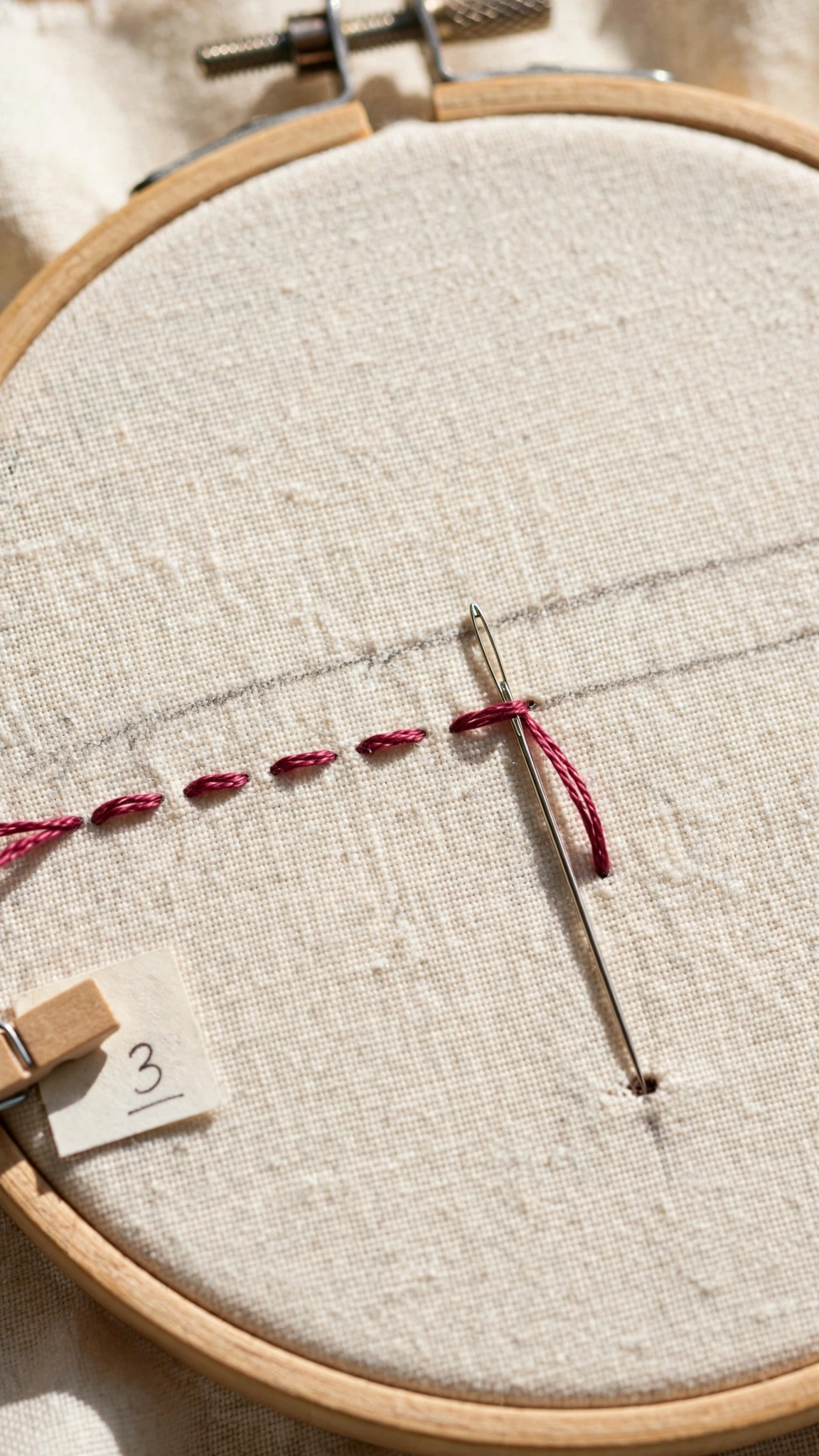 Step 3 of the backstitch: the needle comes up ahead of the first stitch and loops back down into the previous stitch hole