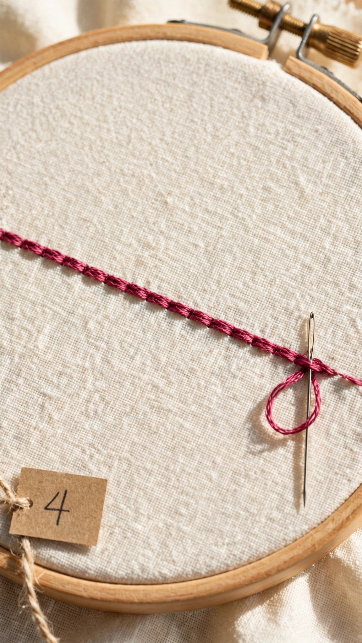 Step 4 of the backstitch: a finished neat row of even connected backstitches forming a smooth solid line