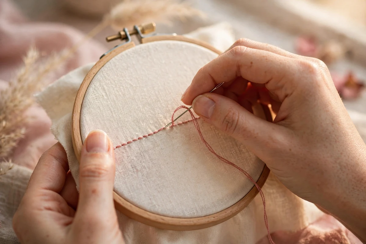 Close-up of backstitch being sewn on fabric in an embroidery hoop