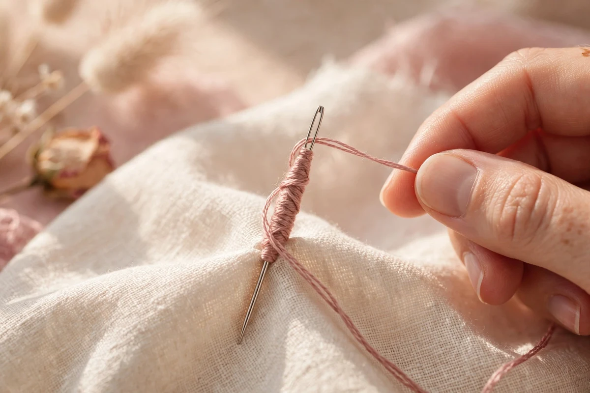 Macro close-up of a French knot being formed with needle and thread