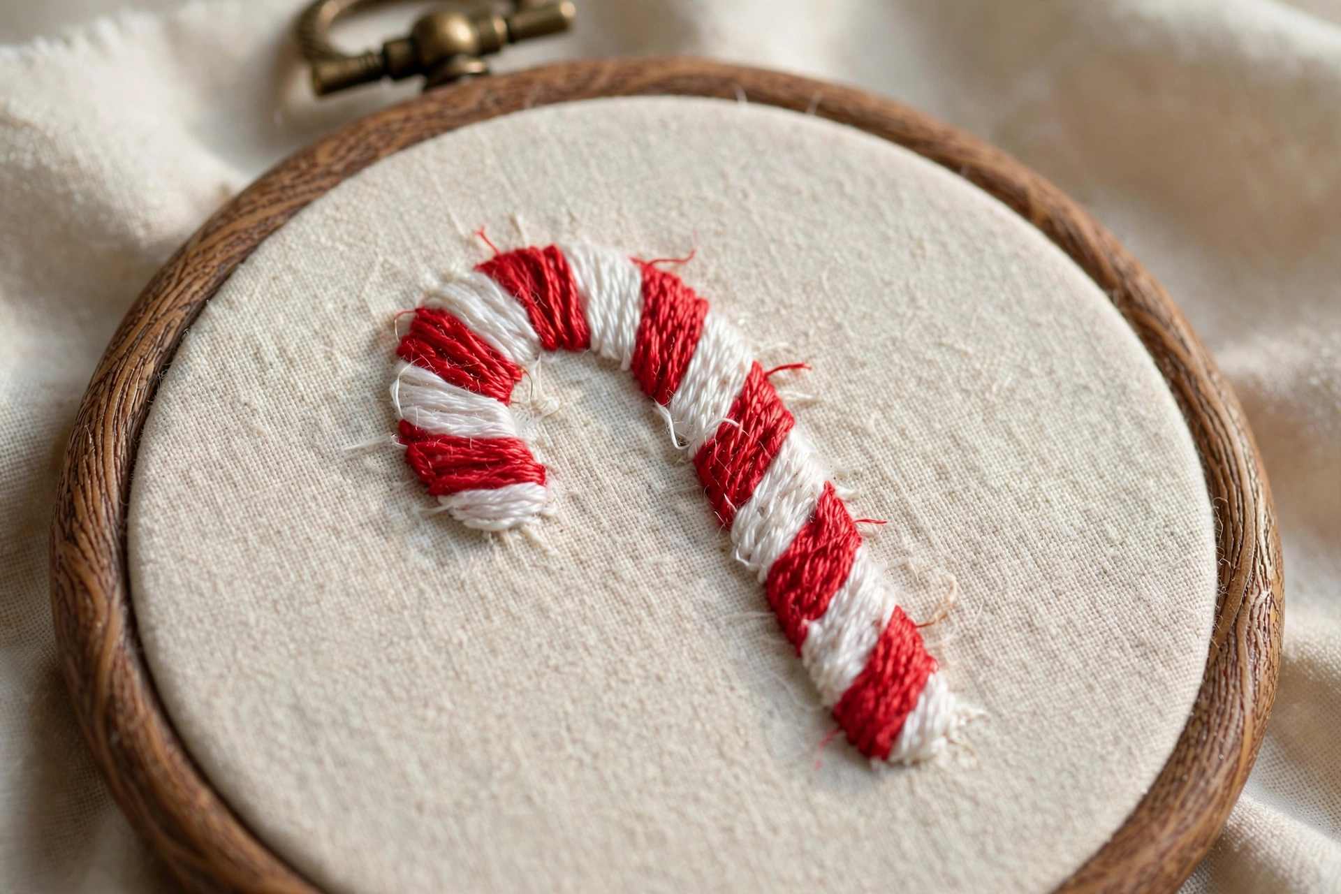 Hand embroidered candy cane pattern in red and white satin stitch