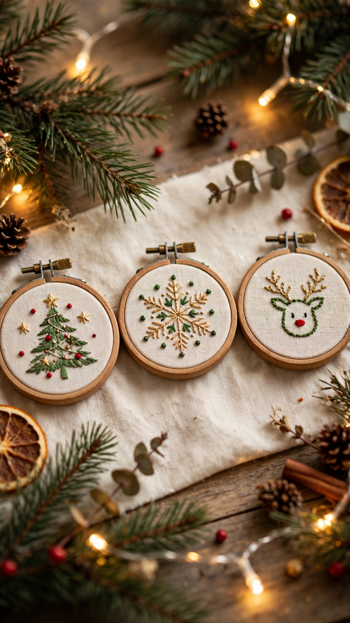 Three small wooden embroidery hoops with Christmas designs: a Christmas tree, a snowflake and a reindeer, on a festive table with pine branches