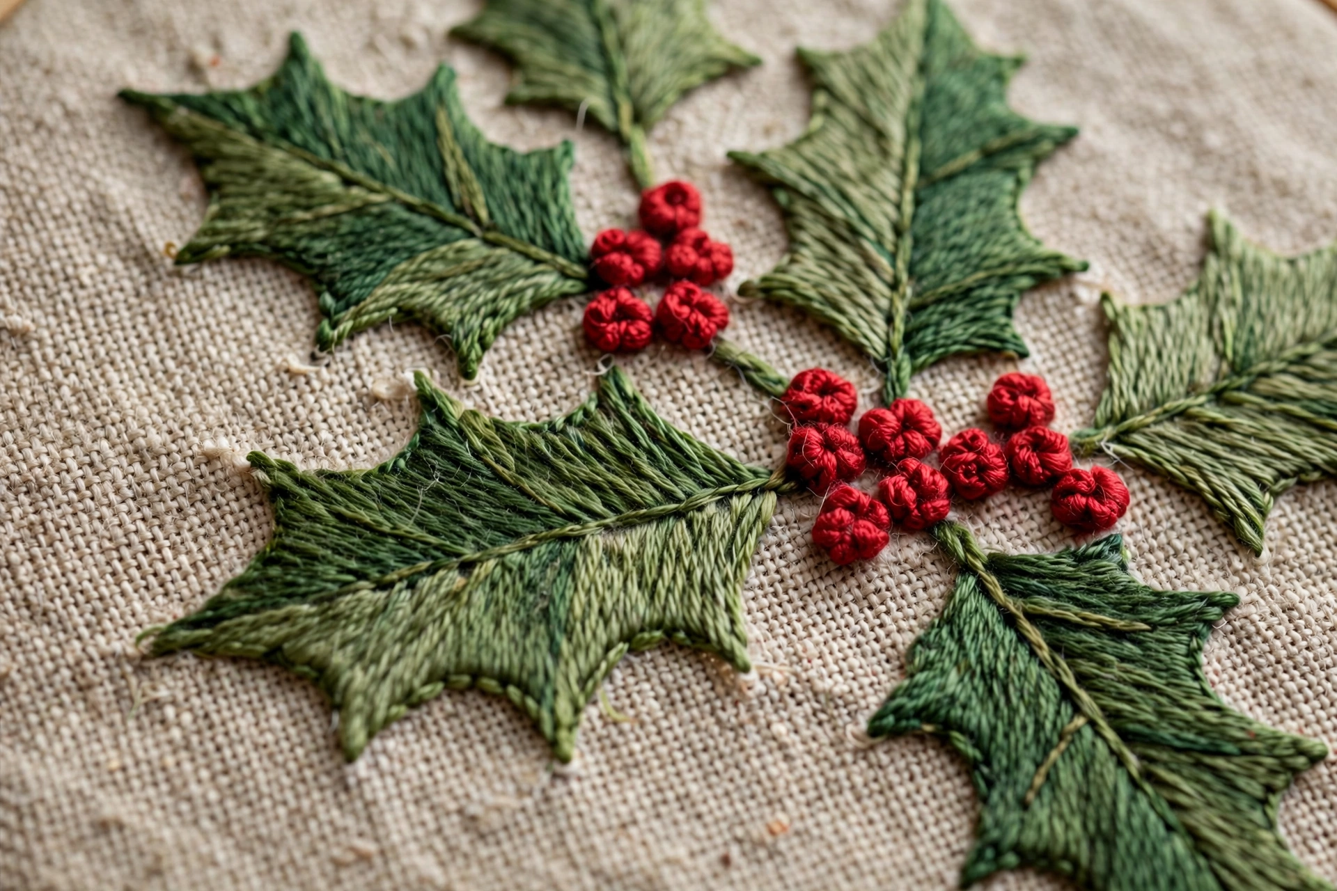 Hand embroidered holly leaves with red French knot berries