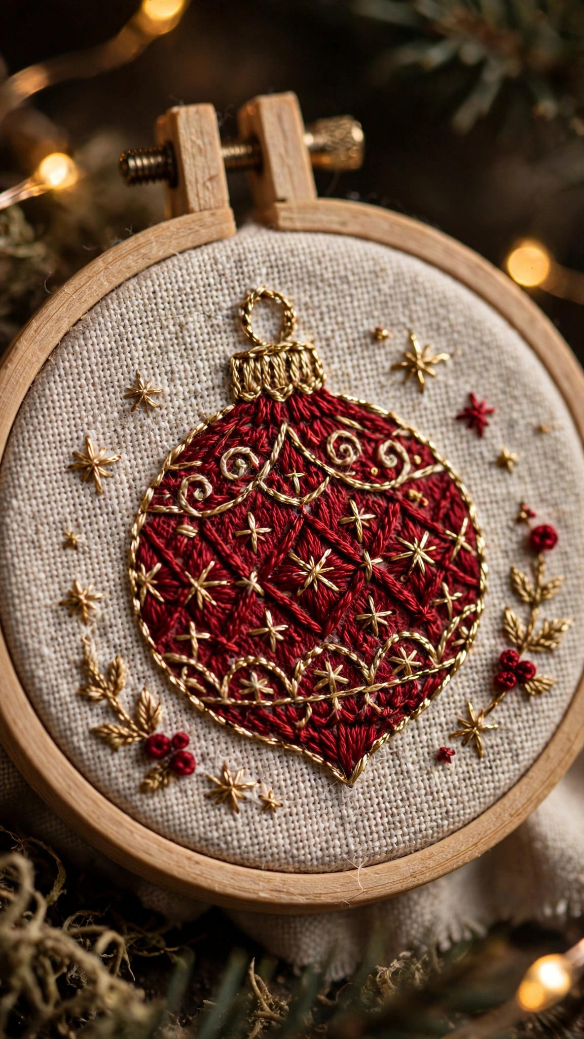 Hand embroidered Christmas bauble ornament in red and gold floss with decorative stitching, in a small wooden hoop
