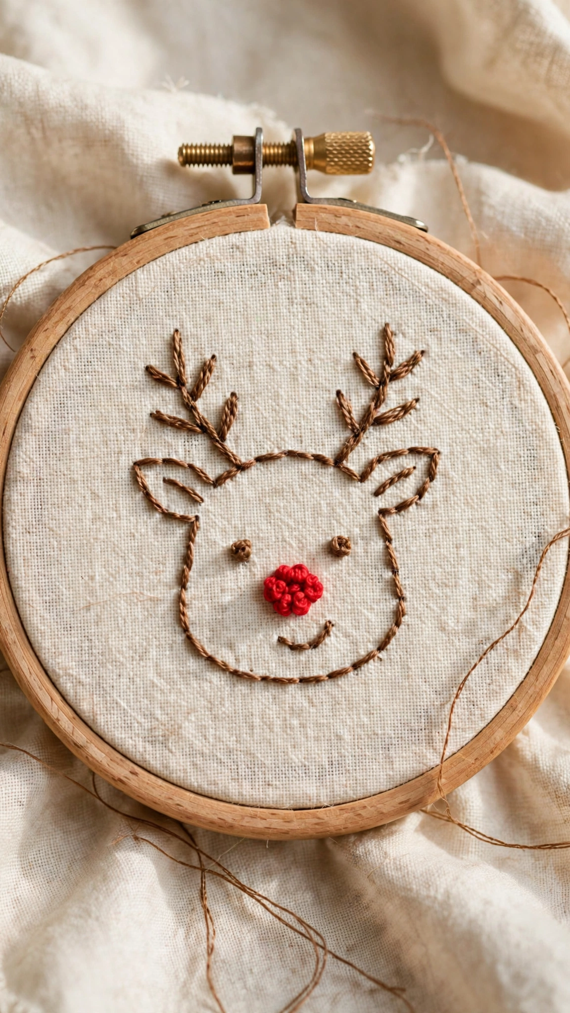Cute hand embroidered reindeer face with brown floss, satin stitch antlers and a red French knot nose on cream linen