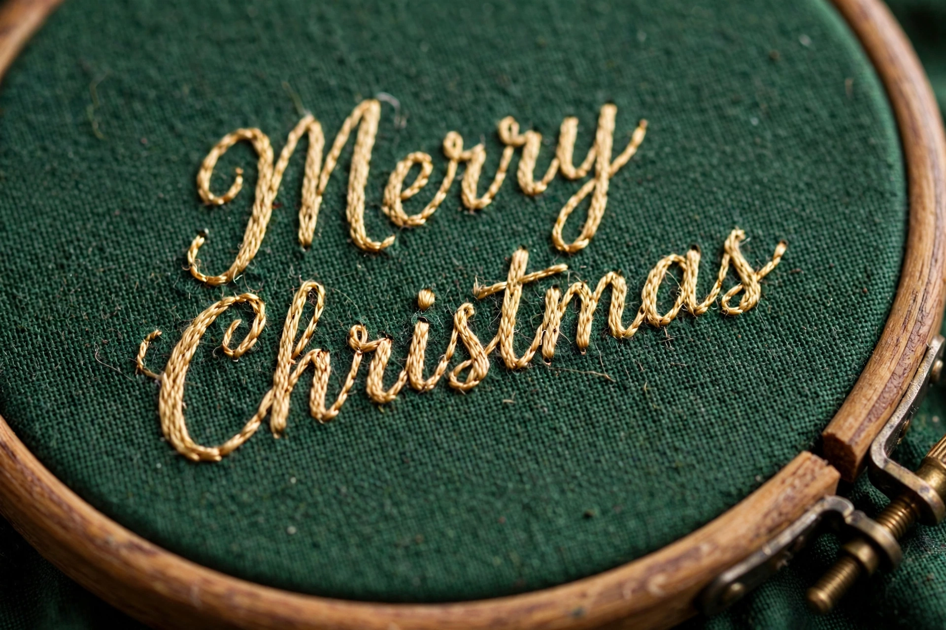 Hand embroidered Merry Christmas script lettering in gold stem stitch