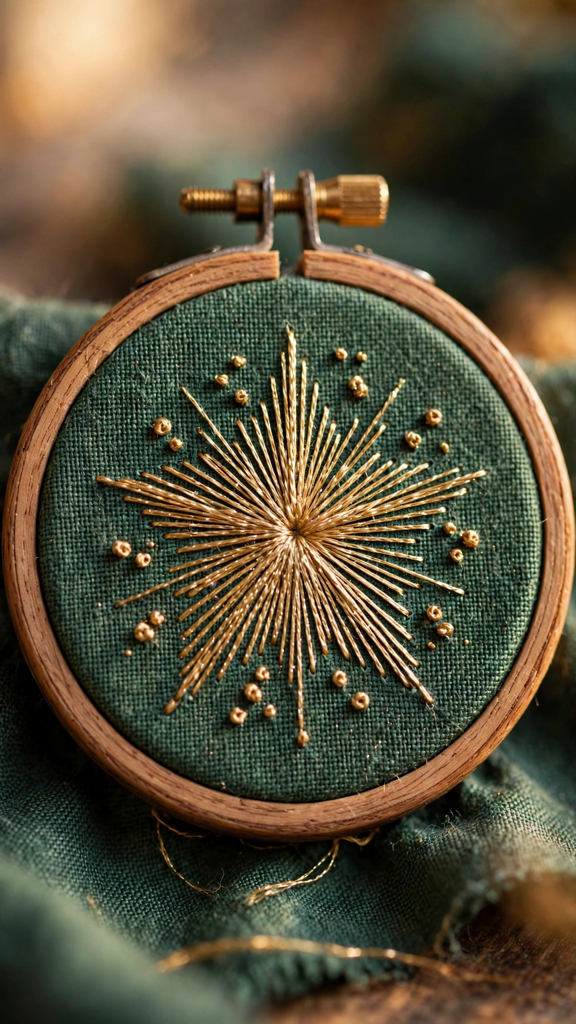 Hand embroidered golden star in metallic gold floss with radiating straight stitches and French knot sparkles on deep green linen