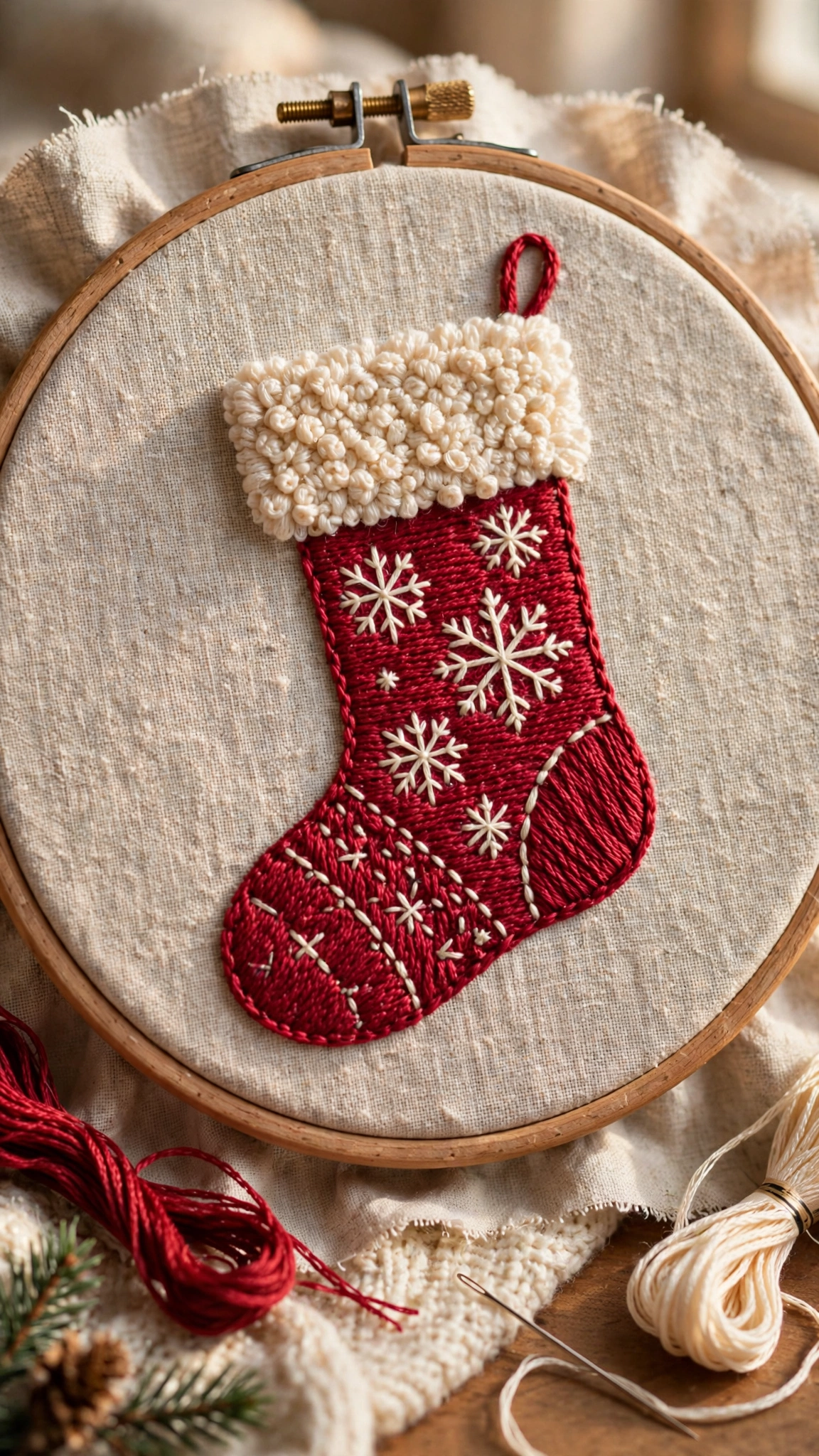 Hand embroidered Christmas stocking in cranberry red and cream floss with snowflake details in a wooden hoop