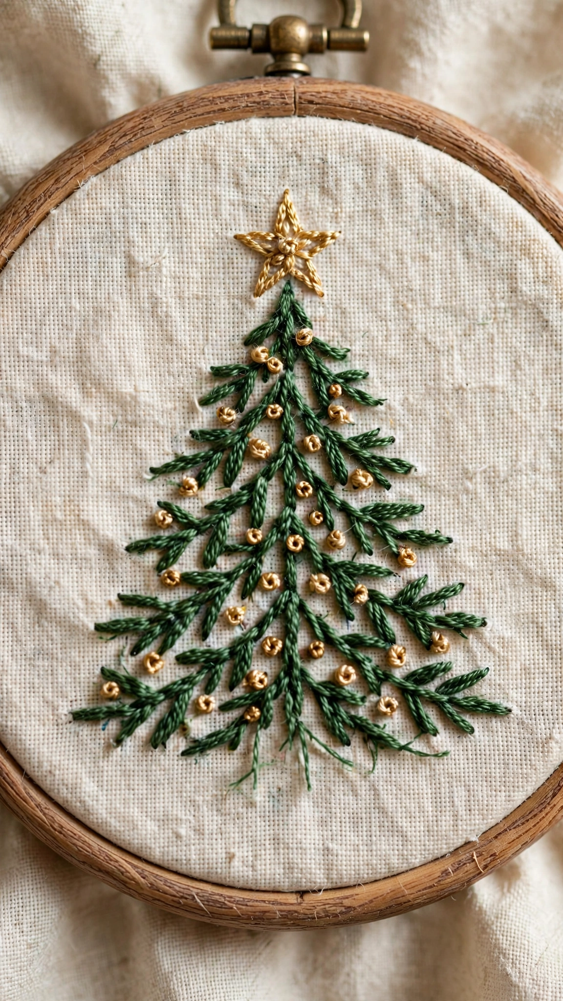 Hand embroidered Christmas tree in a wooden hoop, stitched in green floss with French knot ornaments and a gold star topper