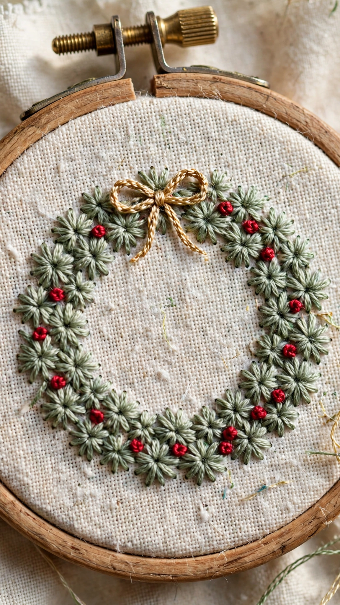 Hand embroidered Christmas wreath with green lazy daisy leaves, red French knot berries and a gold bow in a wooden hoop