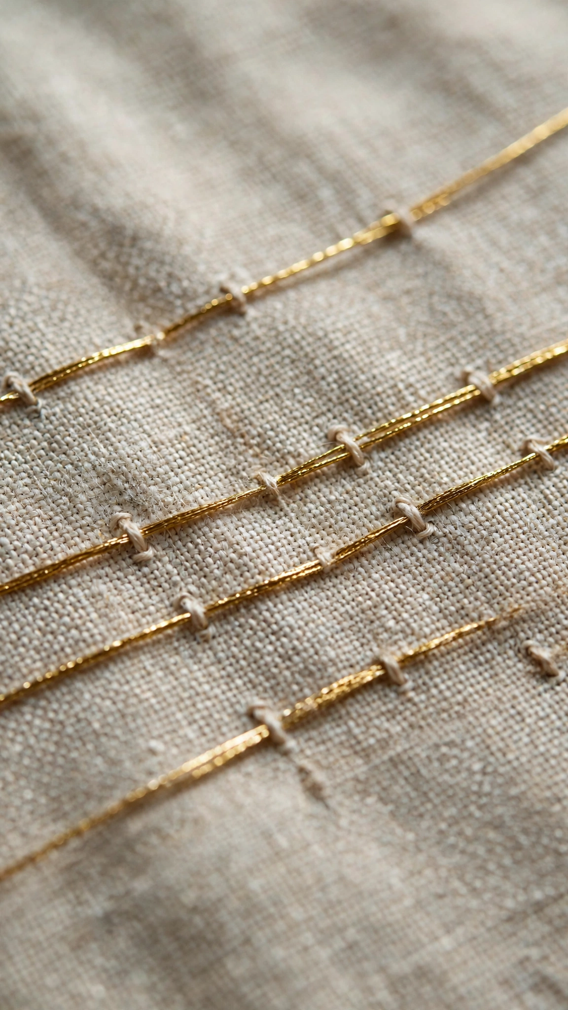 Couching technique holding long gold thread floats with tiny tacking stitches on linen