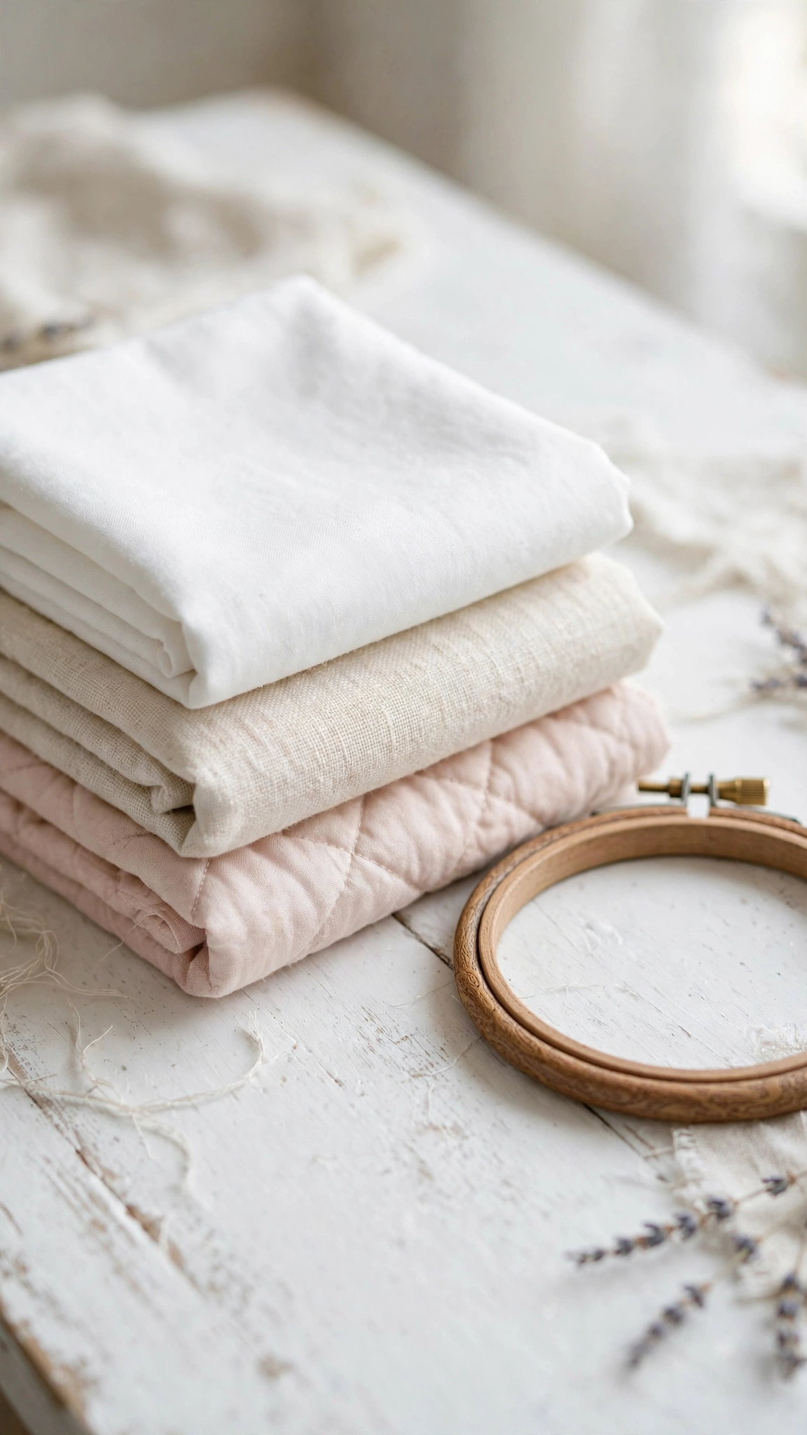 Folded cotton and linen fabric squares for beginner embroidery
