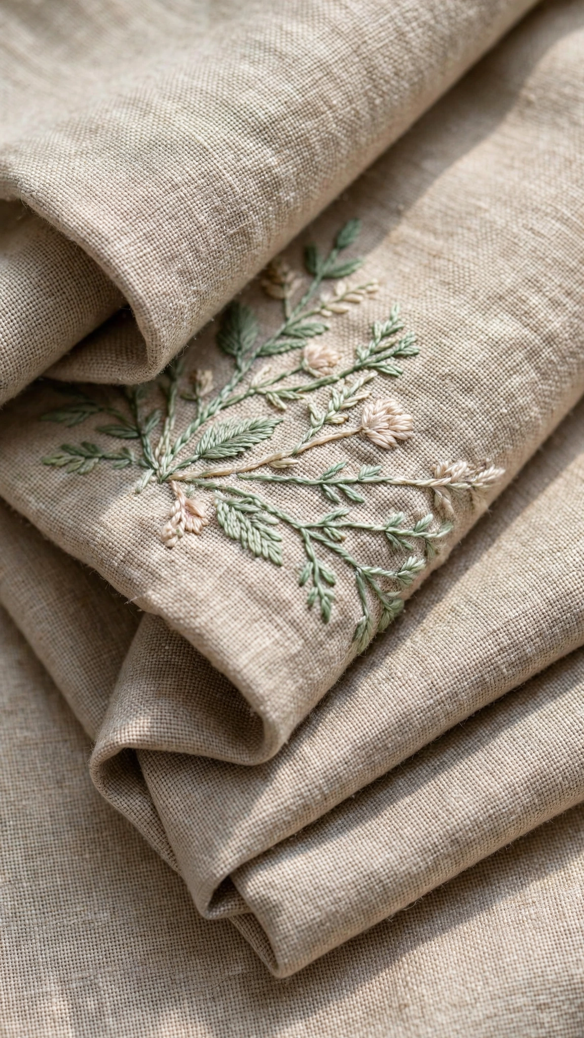 Folded natural linen embroidery fabric showing the weave texture