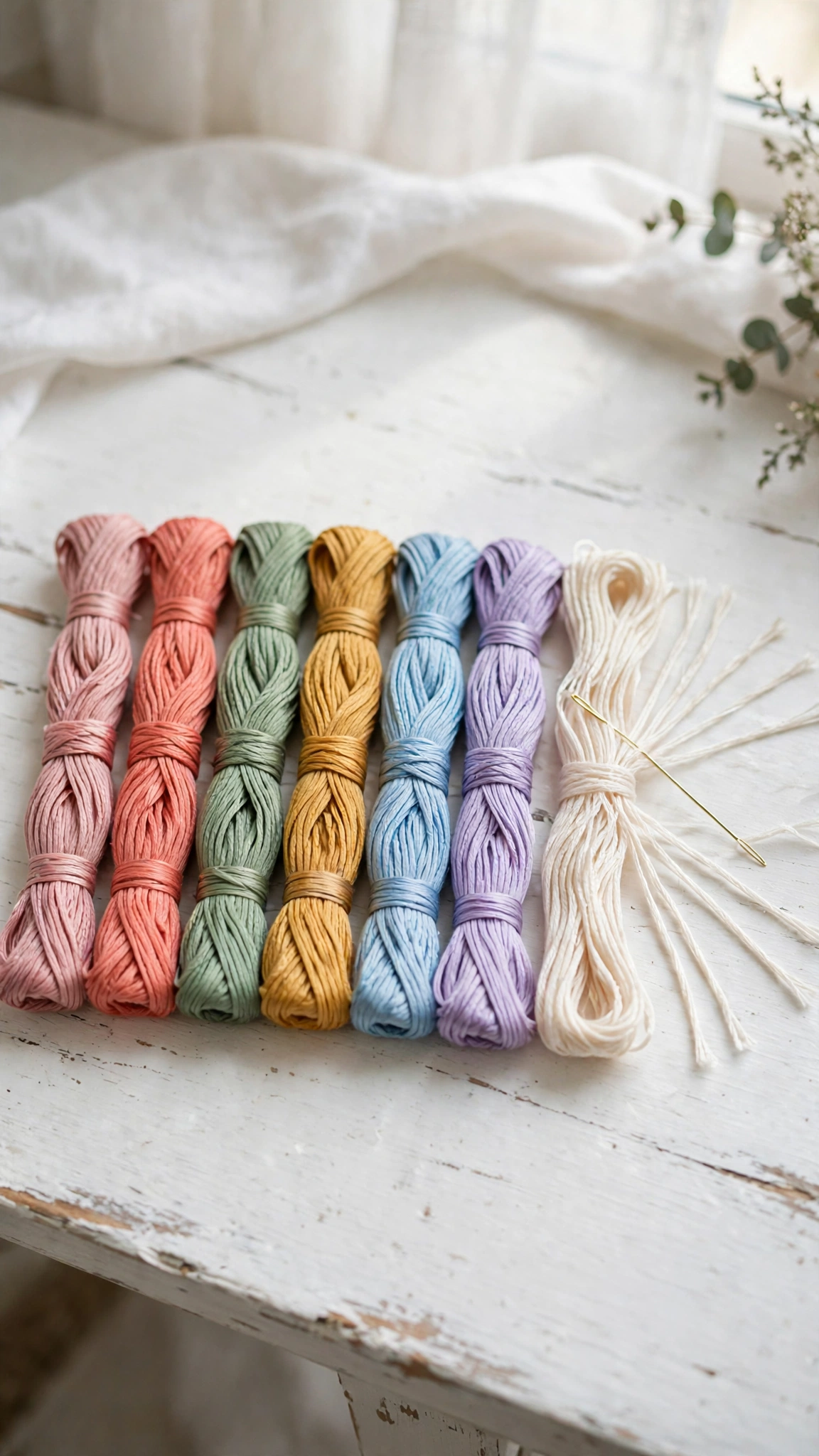 Colorful embroidery floss skeins in a rainbow row with one skein separated into strands