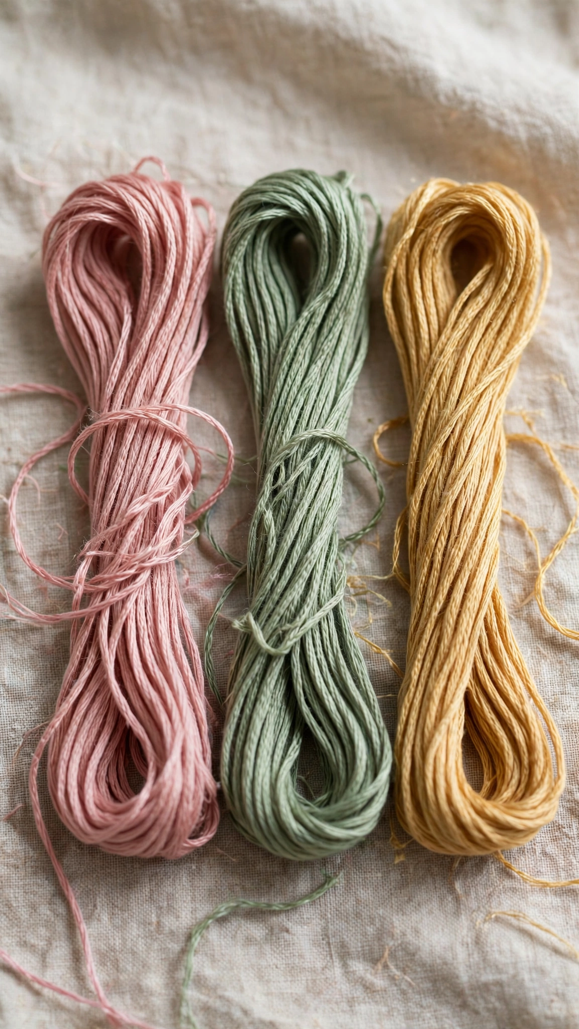 Colorful embroidery floss skeins in dusty rose, sage and gold