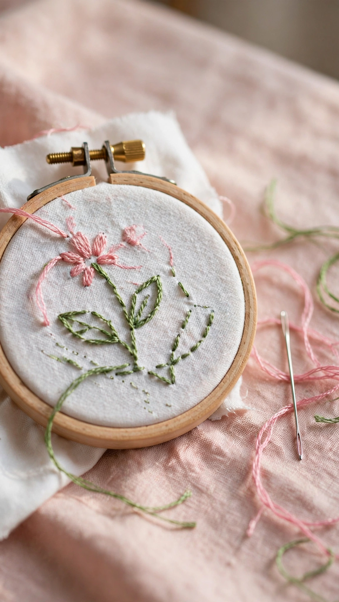Wooden embroidery hoop holding white cotton fabric with a floral stitch in progress