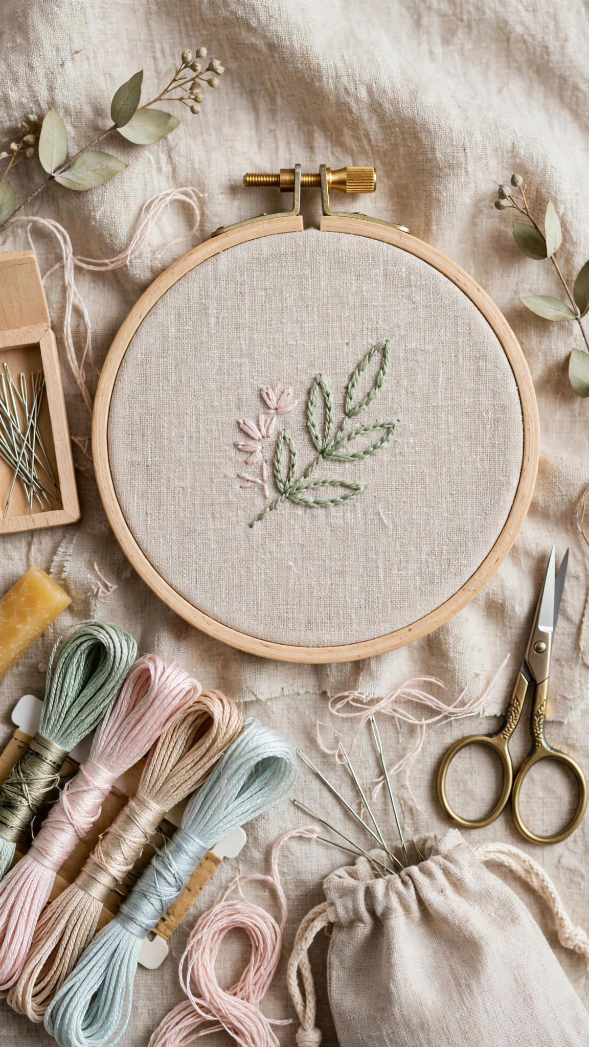 A wooden embroidery hoop with a brass screw for embroidery beginners
