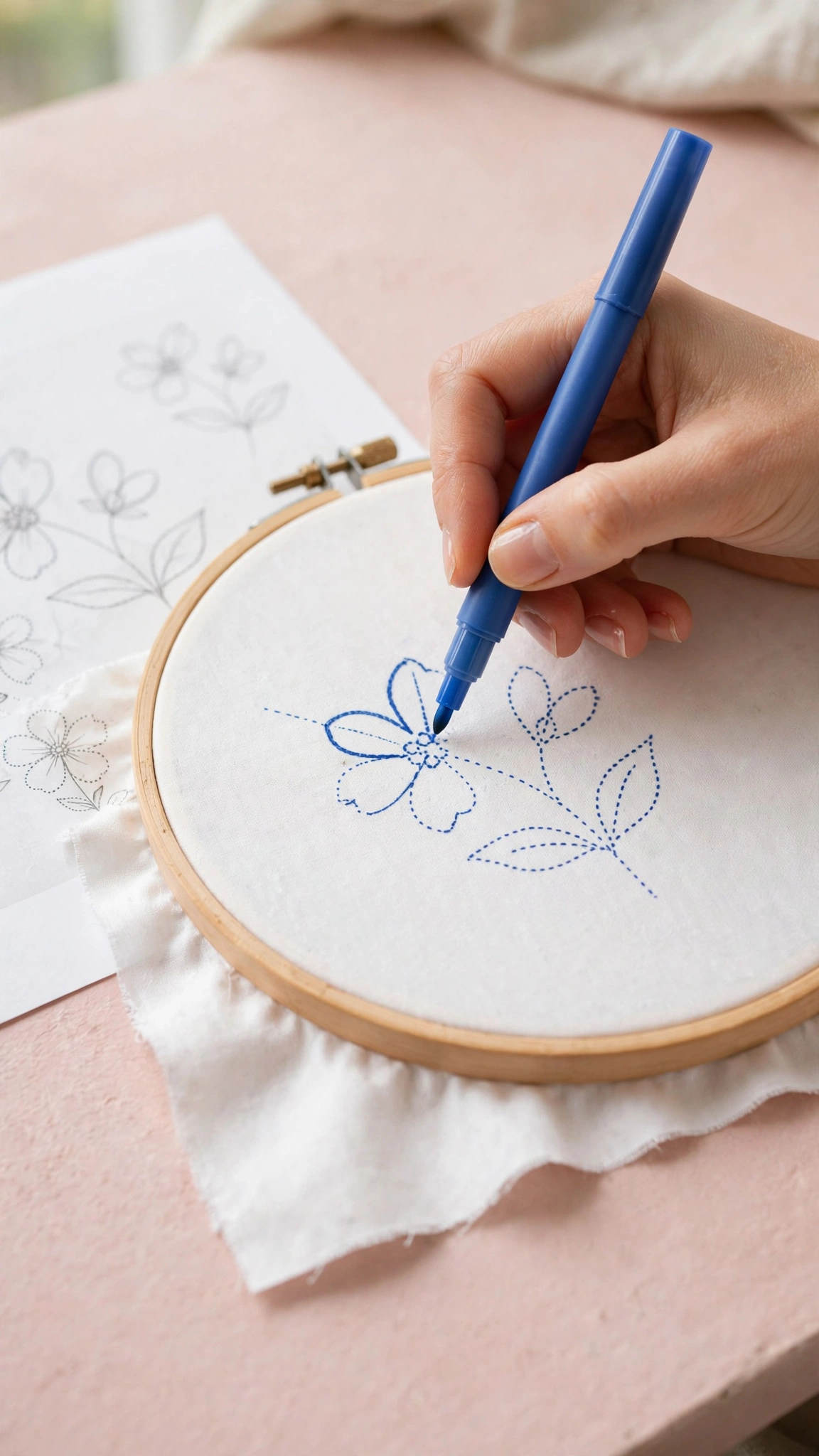Hand tracing a floral embroidery pattern onto hooped fabric with a blue water-soluble marking pen