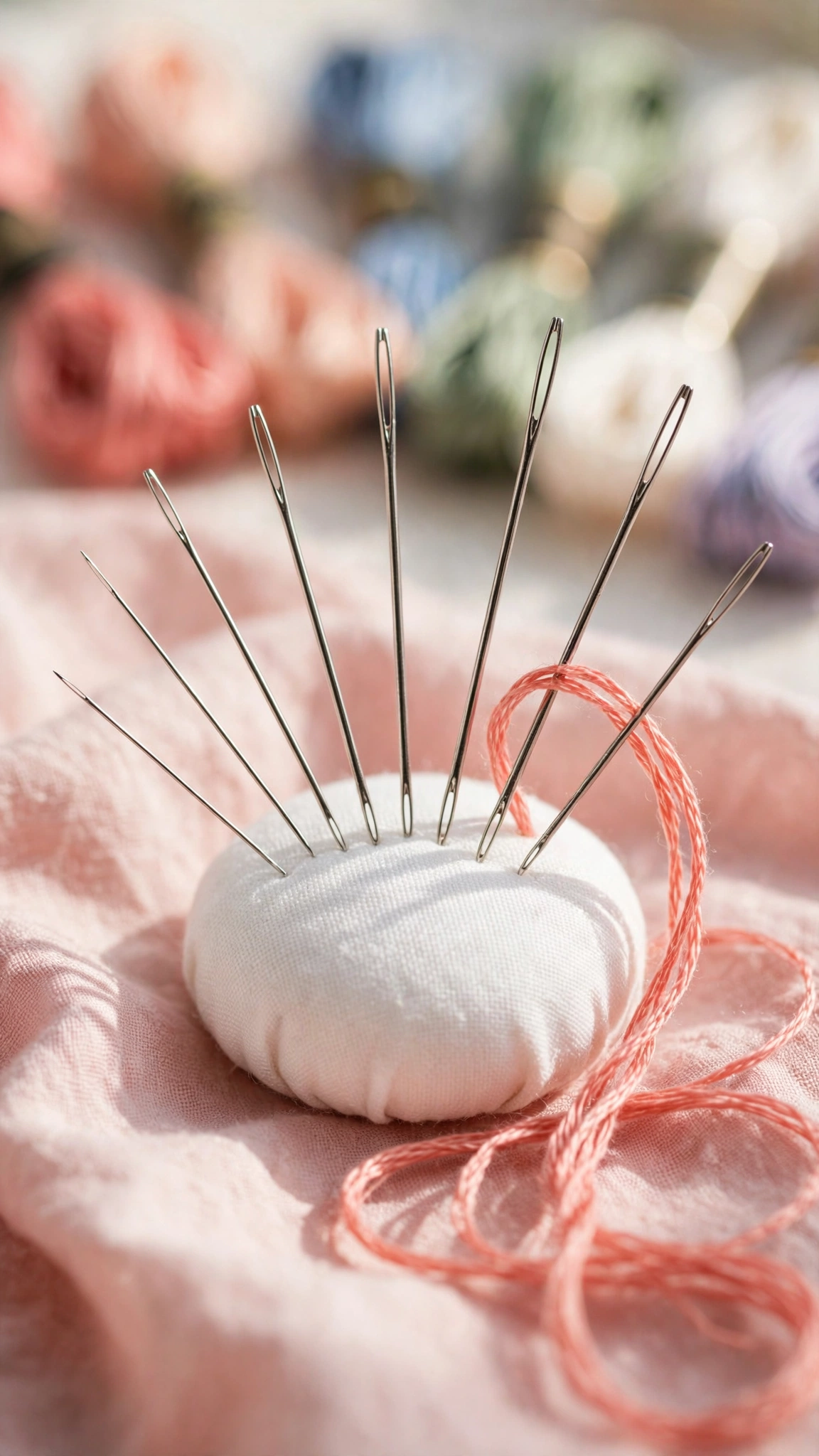 Embroidery needles of different sizes on a pincushion with coral pink floss