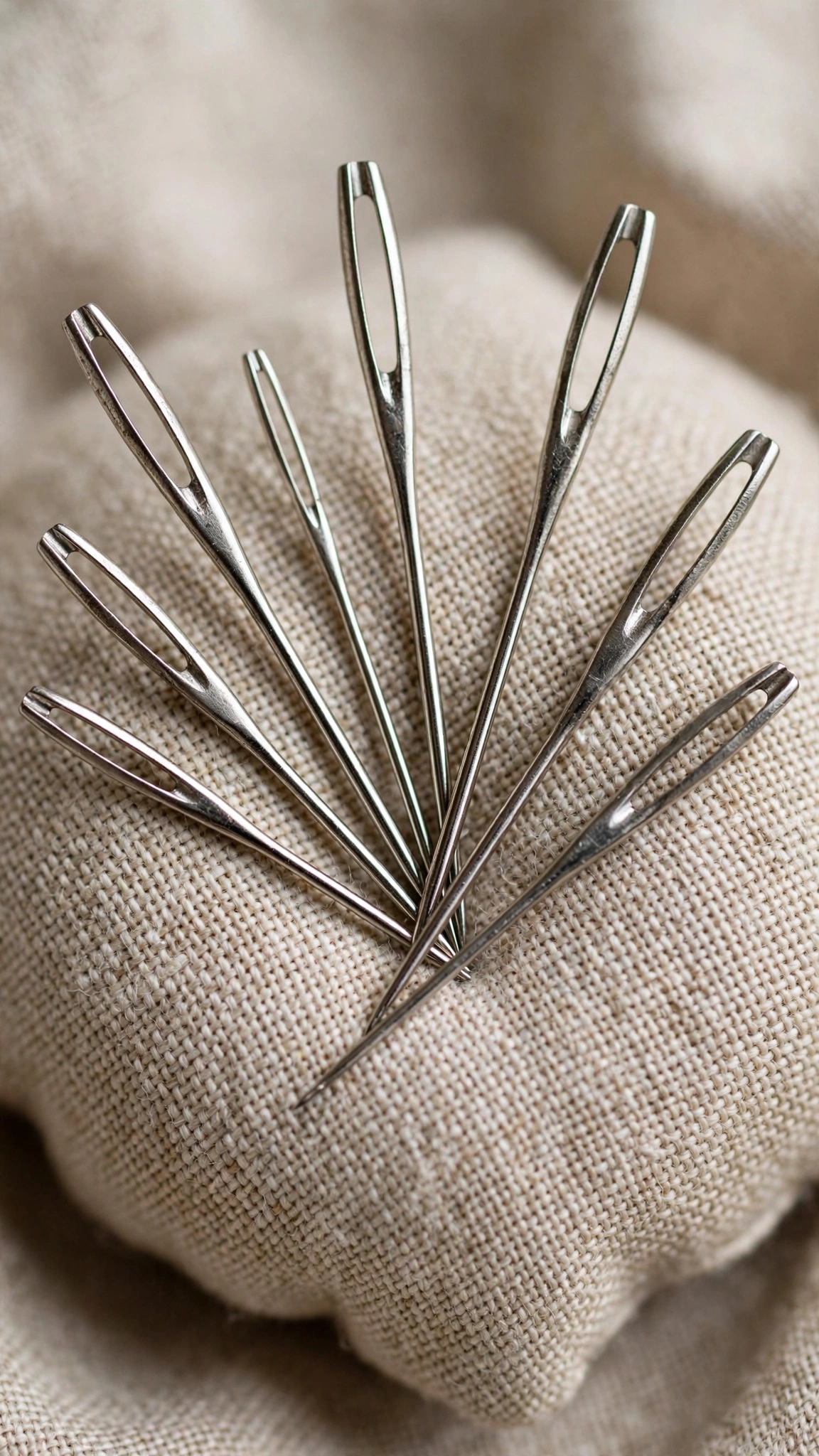 Embroidery needles with large eyes fanned on a linen pincushion