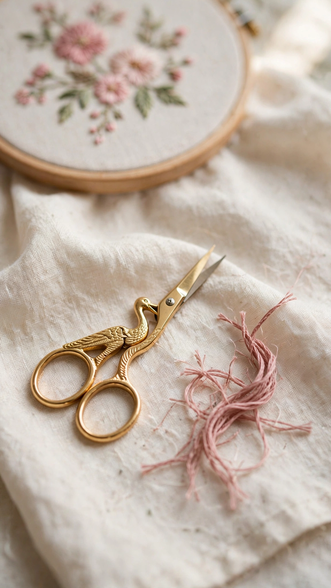 Small sharp embroidery scissors with gold stork-shaped handles for snipping thread
